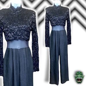 VINTAGE Lew Magram New York Black Metallic Lace Mesh Midriff Formal Pantsuit, Si